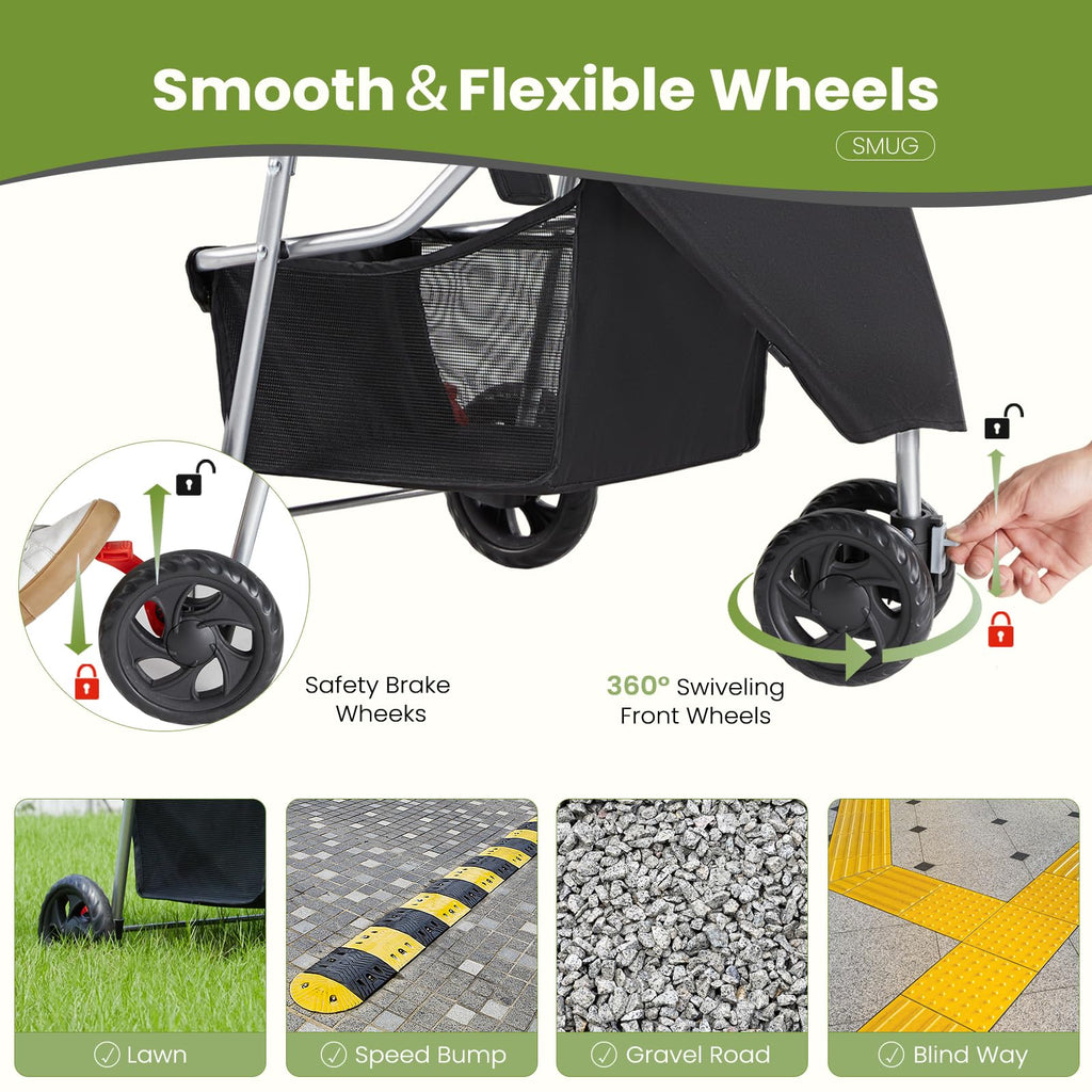 3 Wheels Pet Stroller with Storage Basket and Cup Holder, Black O89988