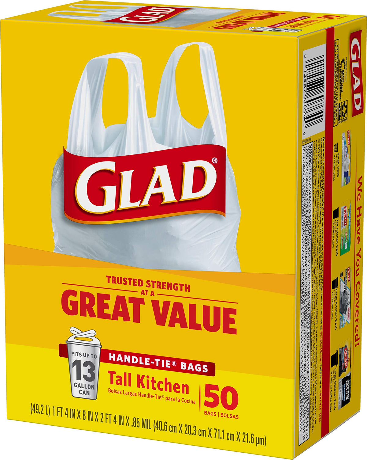 Tall Kitchen Trash Bags 13 Gallon Unscented Handle-Tie 50 Count O1888