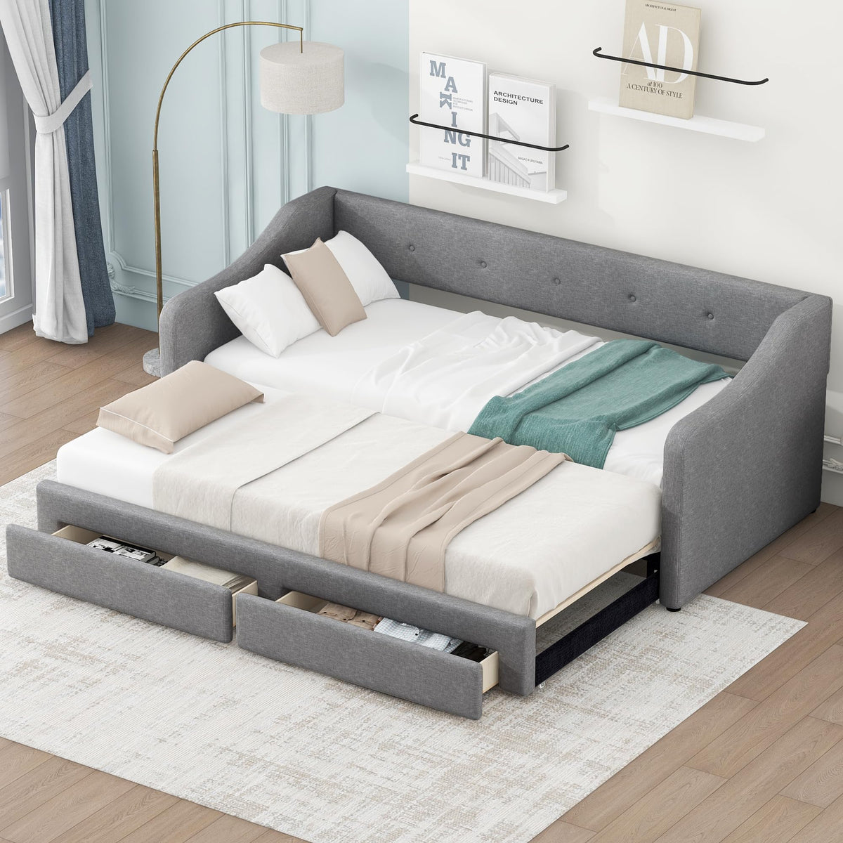 Upholstered Twin XL to King Size Daybed with Pop Up Trundle K36748
