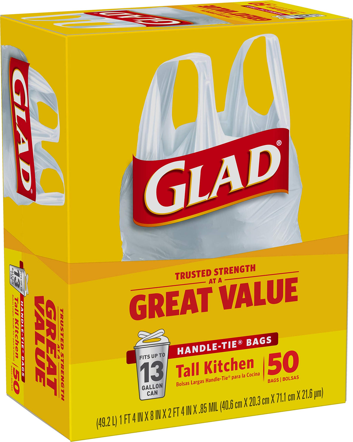 Tall Kitchen Trash Bags 13 Gallon Unscented Handle-Tie 50 Count O1888