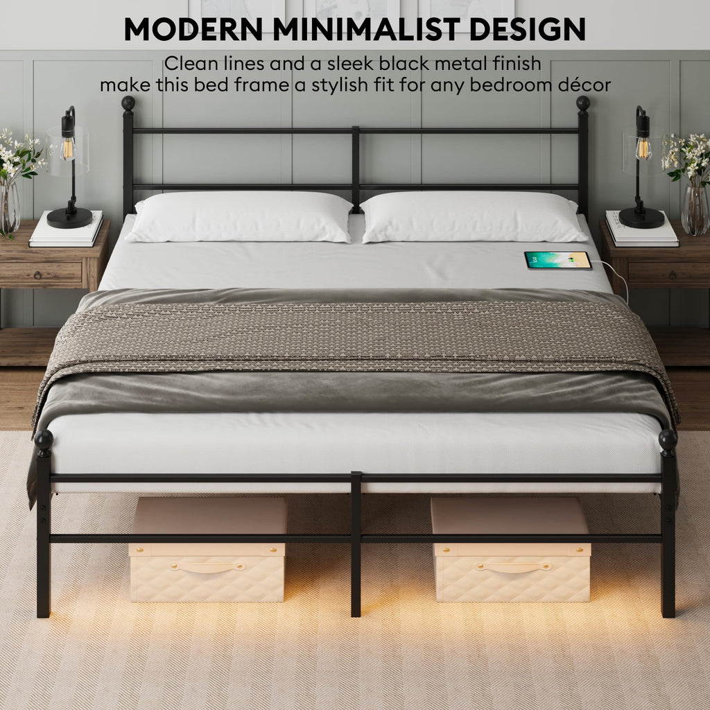 Black King Size Metal Platform Bed Frame with Headboard P392