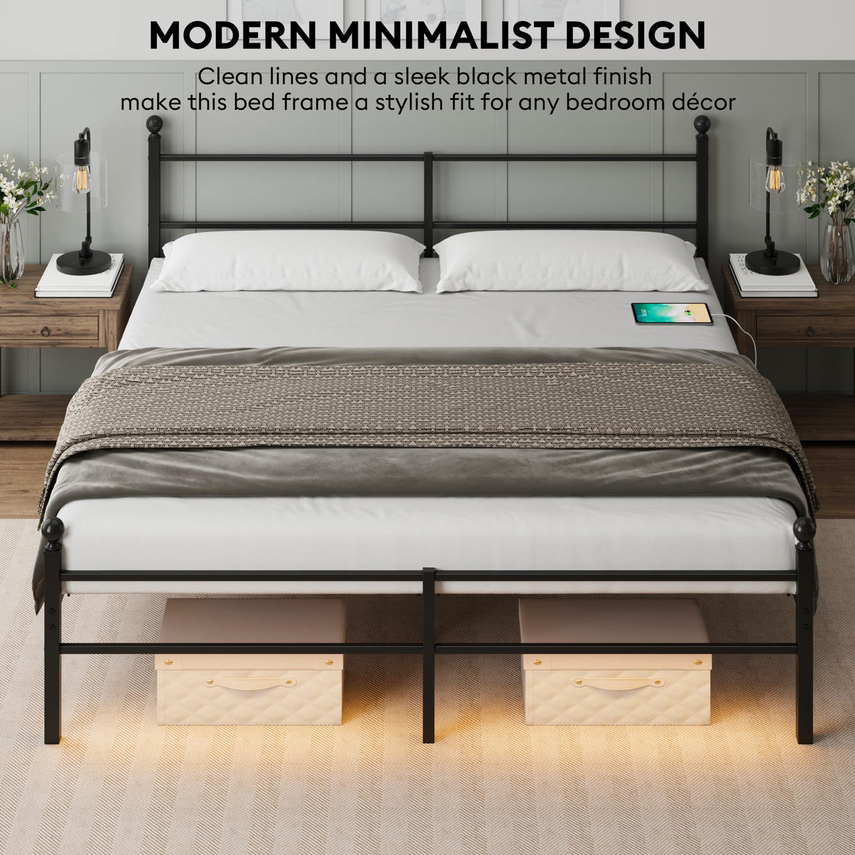 Black King Size Metal Platform Bed Frame with Headboard P392