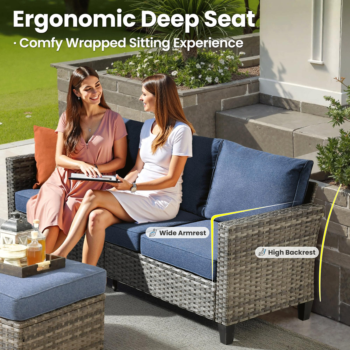 3 Pieces Wicker Patio Sofa Set with Ottomans Denim Blue F963248