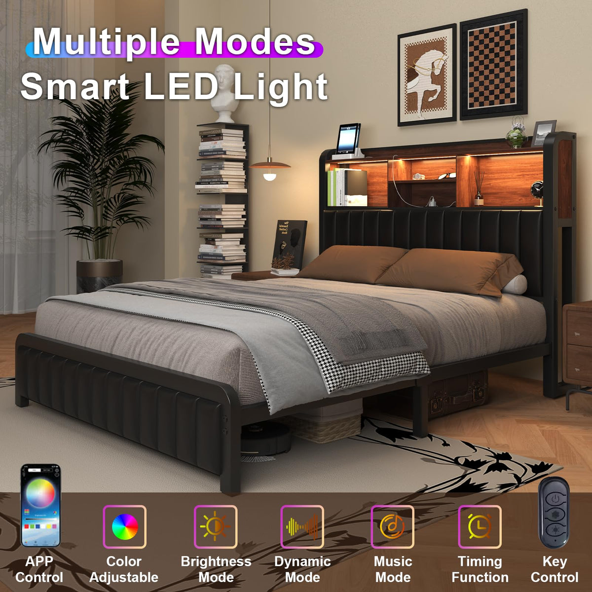 Black Full Size Bed Frame with Storage Headboard O518