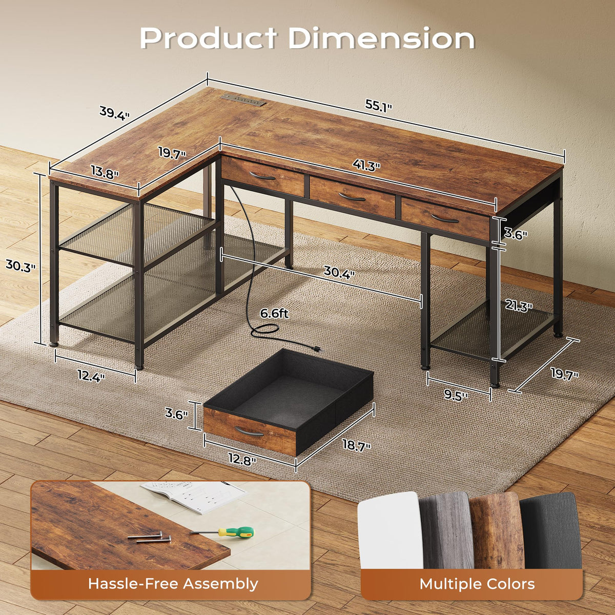 55 Inch L Shaped Office Desk with Power Outlets and Type-C Port U5675