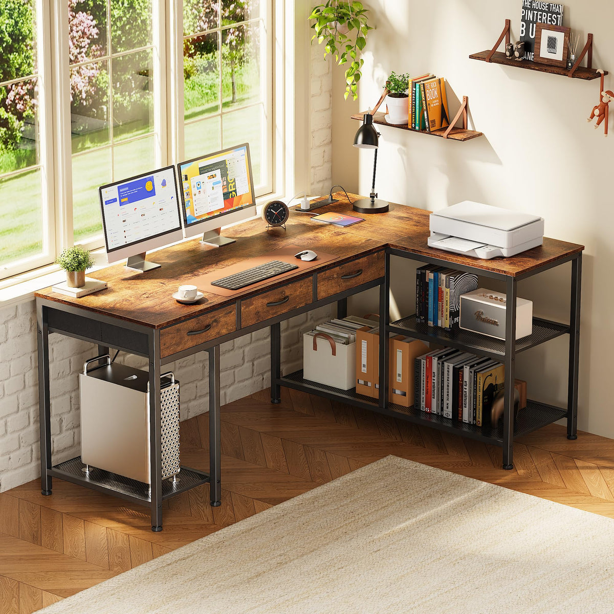55 Inch L Shaped Office Desk with Power Outlets and Type-C Port U5675