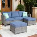 3 Pieces Wicker Patio Sofa Set with Ottomans Denim Blue F963248