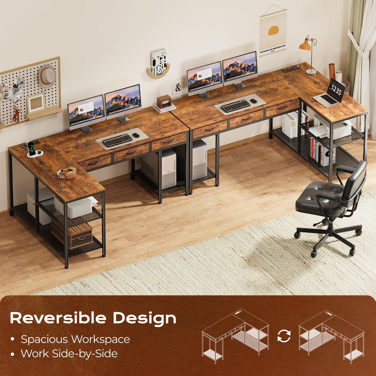 55 Inch L Shaped Office Desk with Power Outlets and Type-C Port U5675