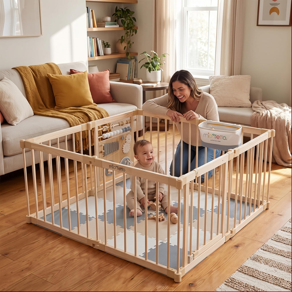 Foldable Wooden Baby Playpen with Gate H2946